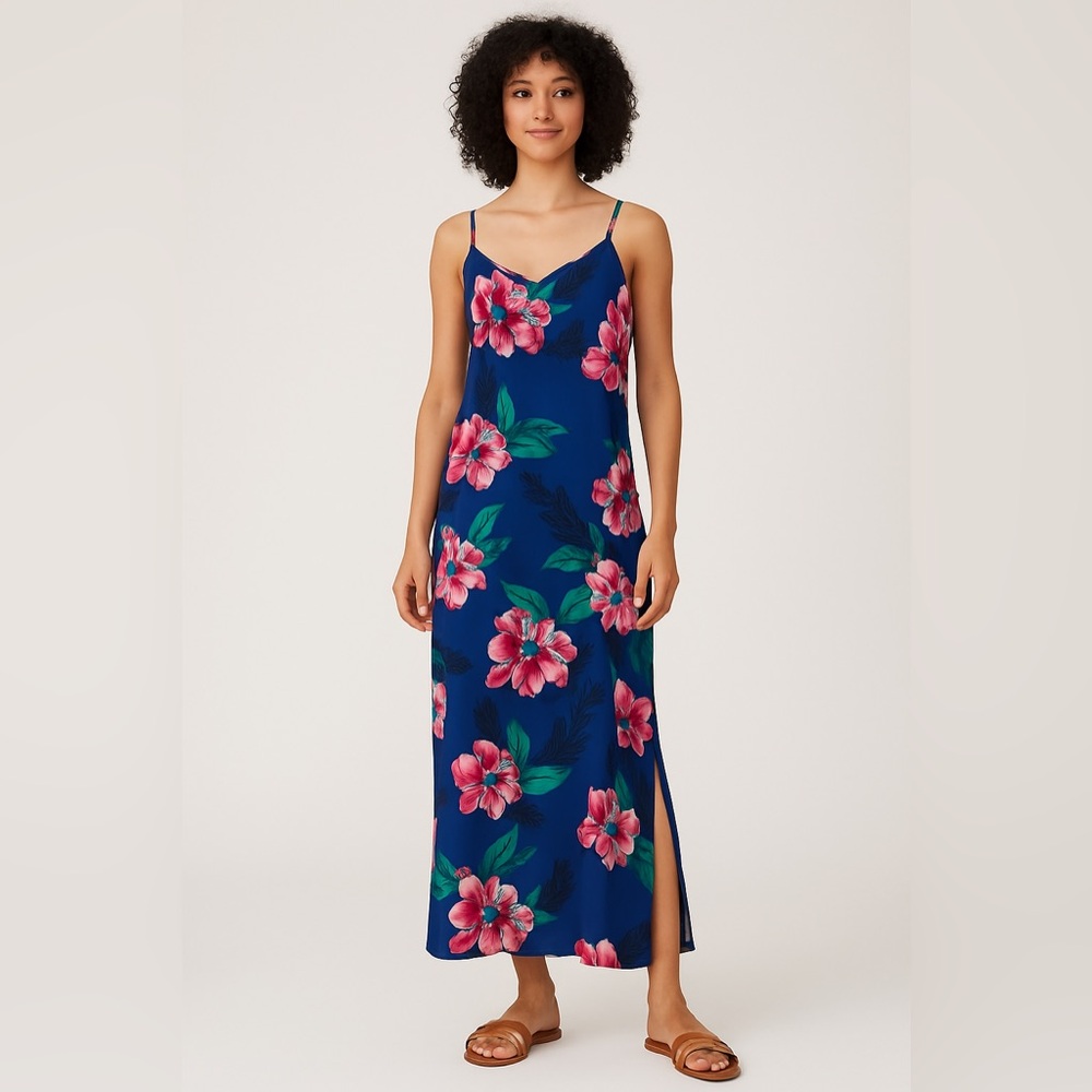 Banana Republic Blue Floral Slip Dress with Pink Blooms